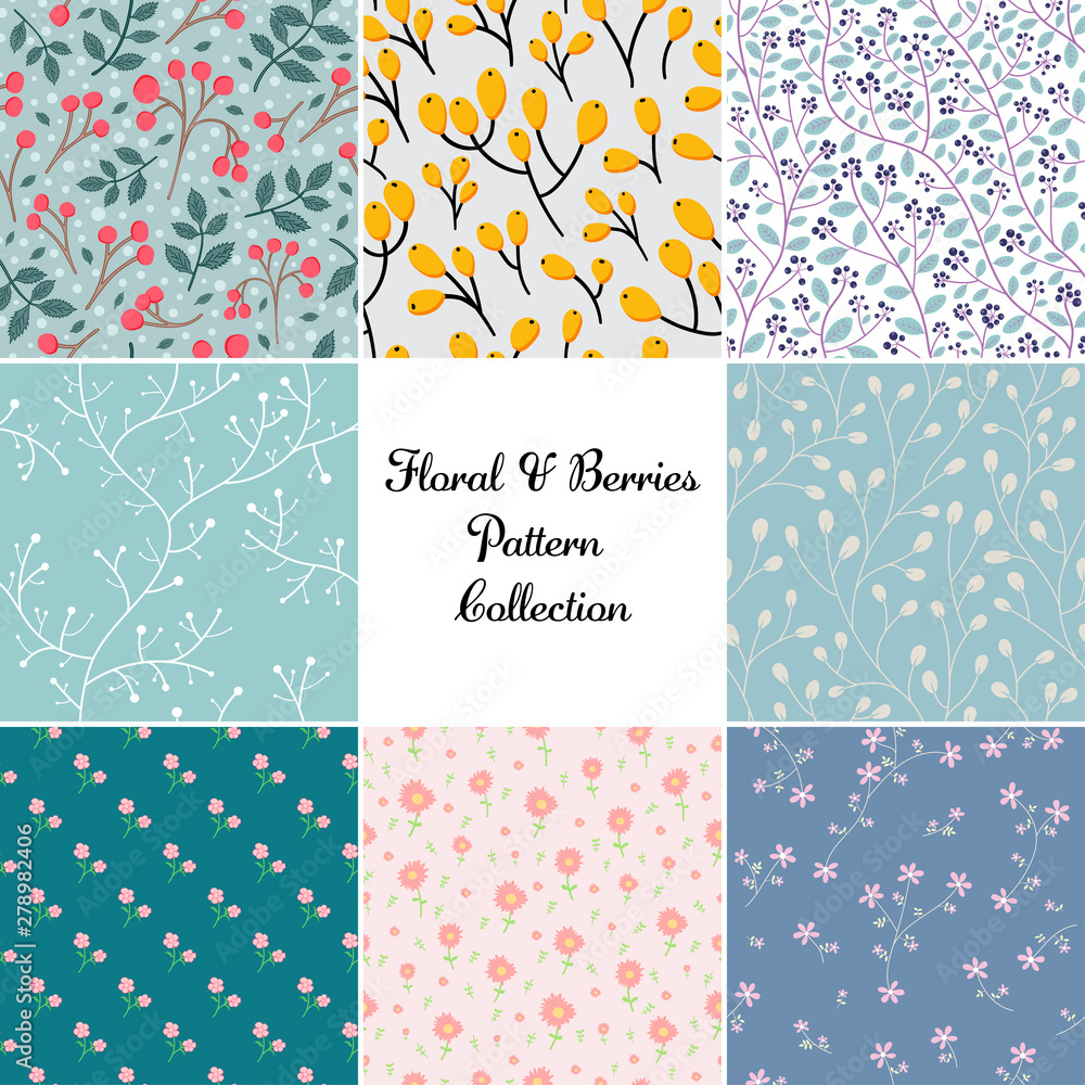 Collection of wild berries and pink floral with small branch seamless pattern