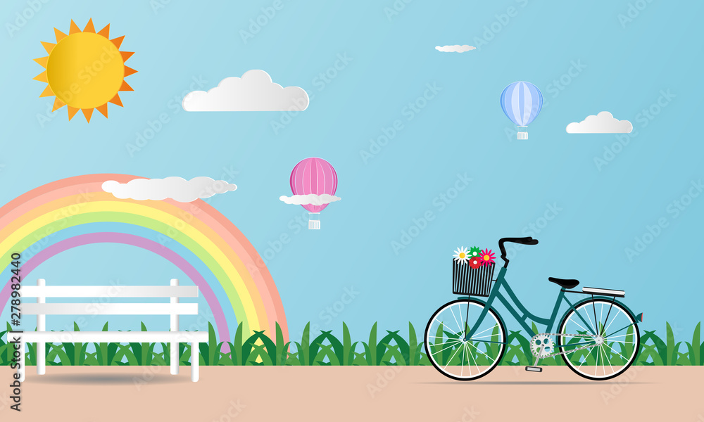 Fototapeta premium Love card Valentines day on soft blue background With bicycle balloon rainbow and Heart. Design Vector illustration paper art concept