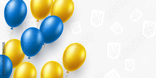 Background for national holidays of Ukraine with air balloons in traditional ukrainian yellow and blue colors and trident emblem pattern. Place for text. Vector illustration.