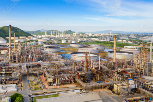 Aerial view of twilight of oil refinery ,Shot from drone of Oil refinery plant ,refinery Petrochemical plant at dusk , Bangkok, Thailand.