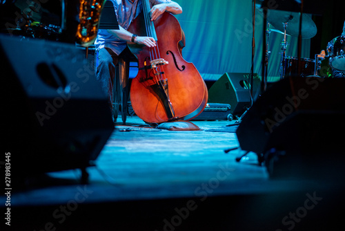 Artist playing double bass live on stage during music event photo