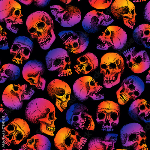Vector seamless pattern with human skulls. Gradient fill, bright trend colors: purple, orange, blue on a black background. Background for Halloween.