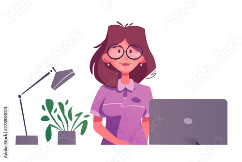 Reception desk. Hotel receptionist character. Cartoon vector illustration.
