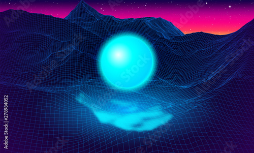 Landscape with wireframe grid of 80s styled retro computer game with lighting ball