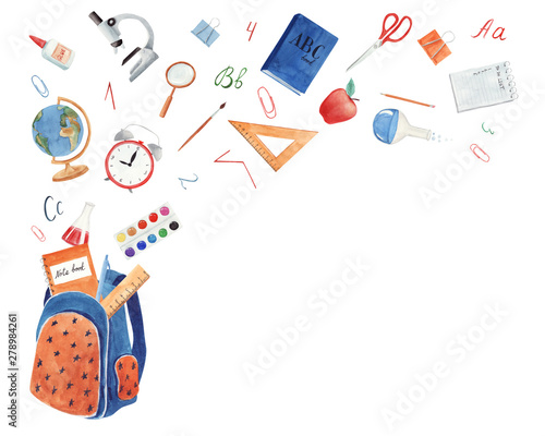 Back to school. Background with school supplies on white