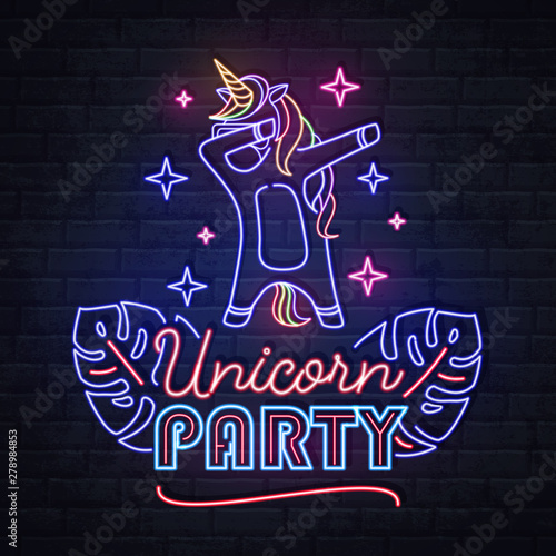Neon sign dabbing unicorn with fluorescent tropic leaves. Vintage electric signboard.