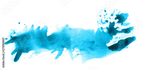 Abstract watercolor background hand-drawn on paper. Volumetric smoke elements. Cyan blue color. For design, web, card, text, decoration, surfaces. © colorinem