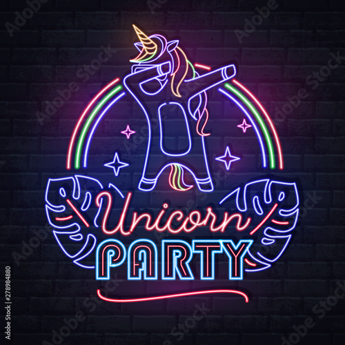 Neon sign dabbing unicorn with rainbow. Vintage electric signboard.