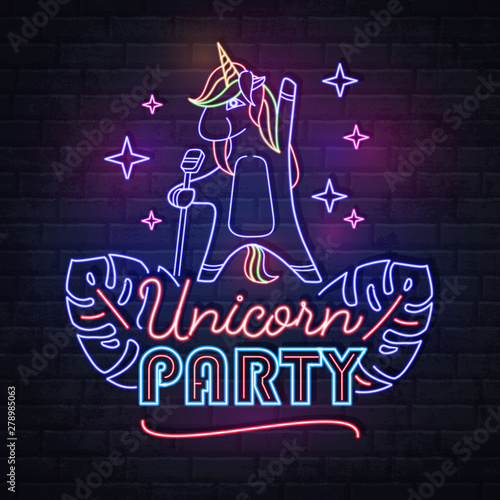 Neon sign singing unicorn with fluorescent tropic leaves. Vintage electric signboard.
