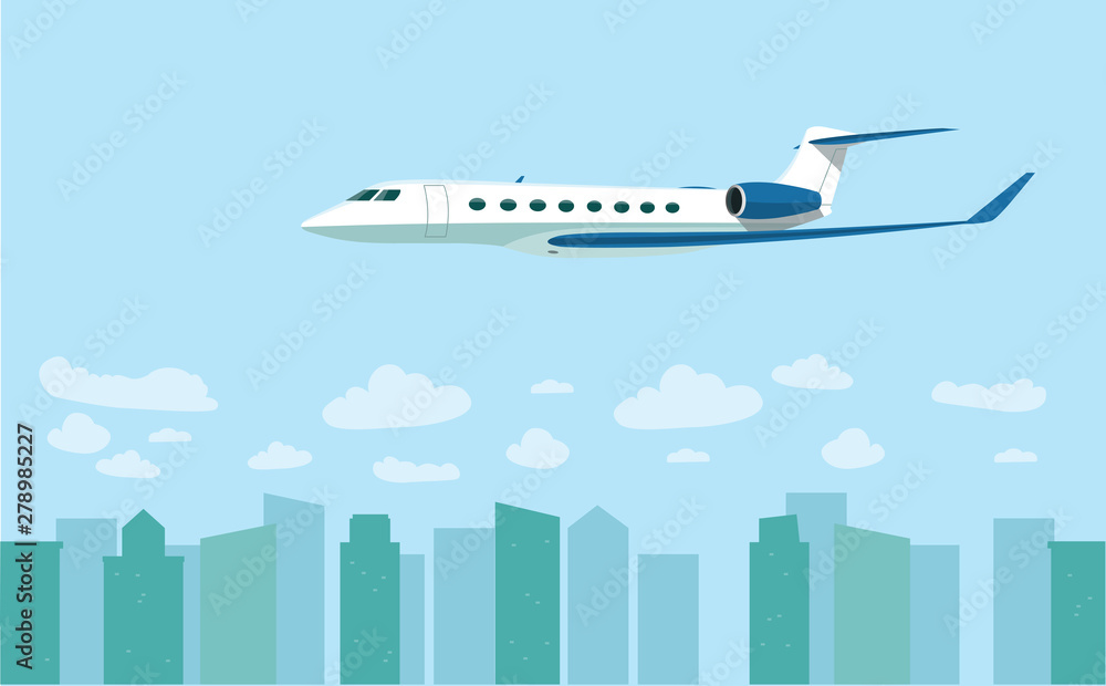 Business jet over the city. Side view. Vector flat style illustration