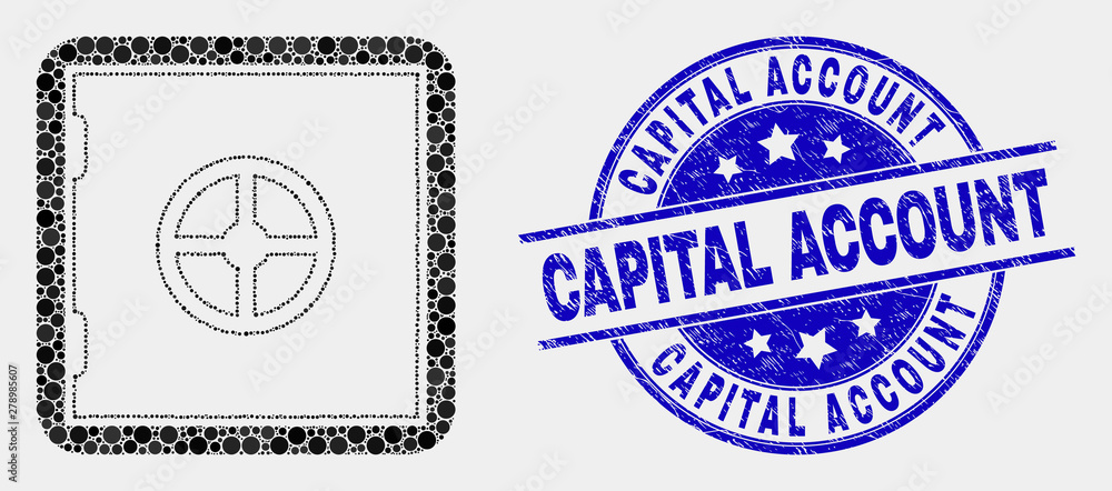 Dot banking safe mosaic pictogram and Capital Account stamp. Blue vector rounded grunge stamp with Capital Account text. Vector composition in flat style. Dot banking safe mosaic pictogram and Capital Account stamp. Blue vector rounded grunge stamp with Capital Account text. Vector composition in flat style.