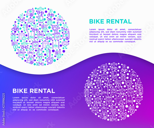 Bike rental concept in circle with thin line icons: rates, bicycle tours, pet trailer, padlock, helmet, child seat, sharing, pointer, deposit, mobile app, cycling route. Modern vector illustration.