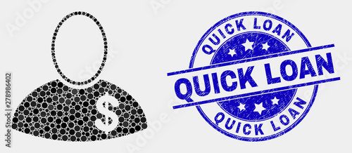 Pixel banker mosaic icon and Quick Loan stamp. Blue vector round scratched stamp with Quick Loan title. Vector composition in flat style. Black isolated banker mosaic of scattered spheres,