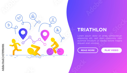 Triathlon web page template with gradient flat icons: runner, swimmer, cyclist and route with pointers. Modern vector illustration for sport competition.