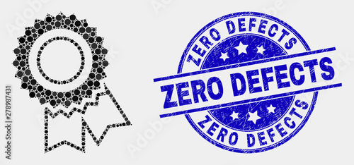 Dot award seal mosaic icon and Zero Defects stamp. Blue vector rounded distress stamp with Zero Defects caption. Vector composition in flat style.
