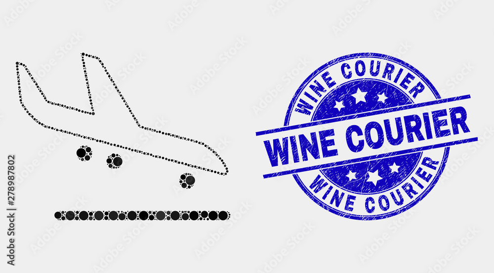 Pixel airplane arrival mosaic pictogram and Wine Courier seal stamp. Blue vector rounded grunge seal with Wine Courier message. Vector composition in flat style.