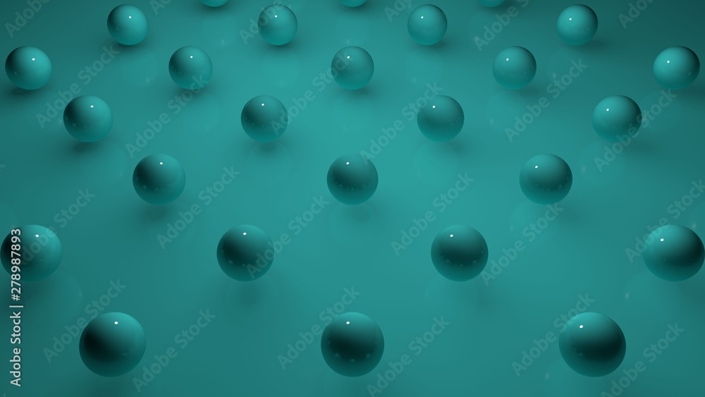 3D rendering a lot of blue shapeless objects, spheres are located above the blue surface, an abstract background in a strict staggered order. 3D illustration of futuristic background for your desktop.
