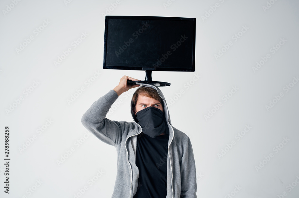 man with computer monitor man with computer monitor