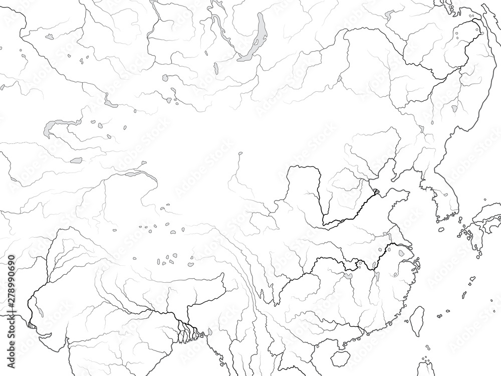 World Map of CHINA: Far East, The Celestial Empire, China, Tibet, Dzungaria, Mongolia, Korea, Manchuria, Siberia, Yakutia, Buryatia, Taiwan, South seas. Geographic chart with coastline and rivers. World Map of CHINA: Far East, The Celestial Empire, China, Tibet, Dzungaria, Mongolia, Korea, Manchuria, Siberia, Yakutia, Buryatia, Taiwan, South seas. Geographic chart with coastline and rivers.
