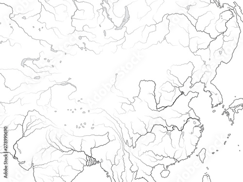 World Map of CHINA: Far East, The Celestial Empire, China, Tibet, Dzungaria, Mongolia, Korea, Manchuria, Siberia, Yakutia, Buryatia, Taiwan, South seas. Geographic chart with coastline and rivers. photo