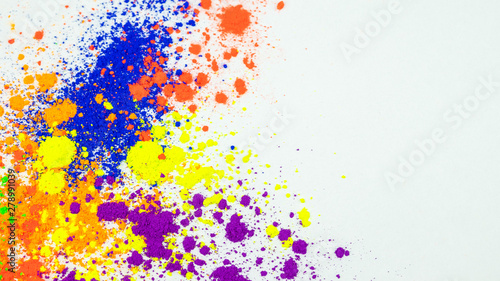 Many colorful natural pigment powder. Cosmetics product on white background.