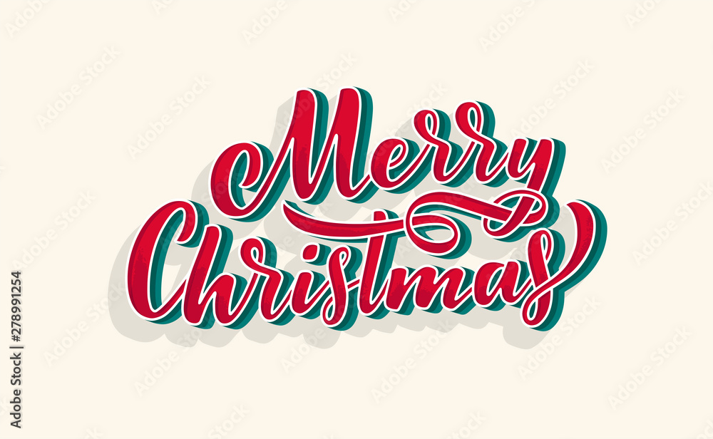 Merry christmas lettering in hand drawn 3D style. Classic retro symbol. New year holiday greeting card. Vector design.