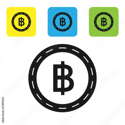Black Cryptocurrency coin Bitcoin icon isolated on white background. Blockchain technology, bitcoin, digital money market, cryptocoin wallet. Set icons colorful square buttons. Vector Illustration