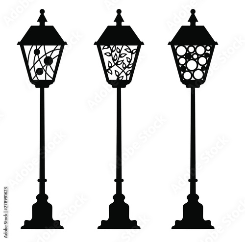 Laser cut street lanterns. Flashlight cutting template. Candlestick stencil. Vector silhouette for New Year, Christmas, baptism, invitation, birthday card. Electric decor for holiday.