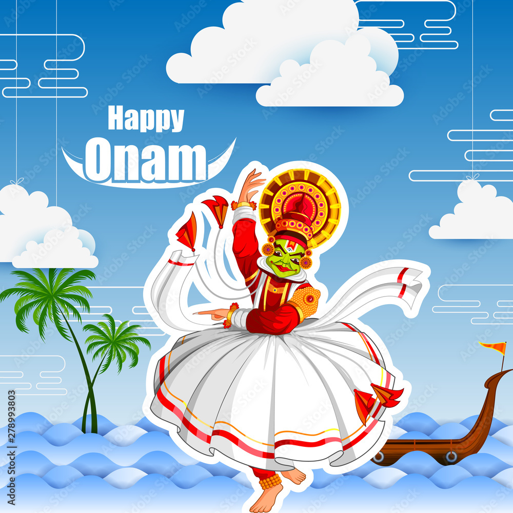 vector illustration of Happy Onam Festival background of Kerala with  Kathakali dancer Stock Vector | Adobe Stock