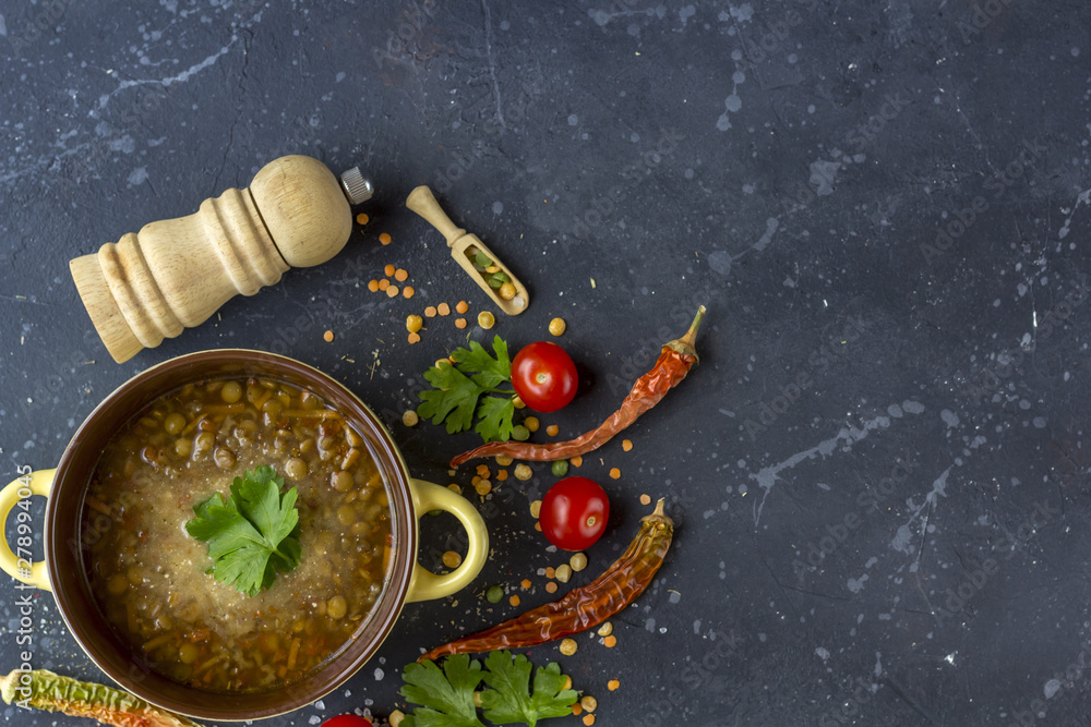 Traditional turkish lentil soup. Homemade vegetarian soup with lentil