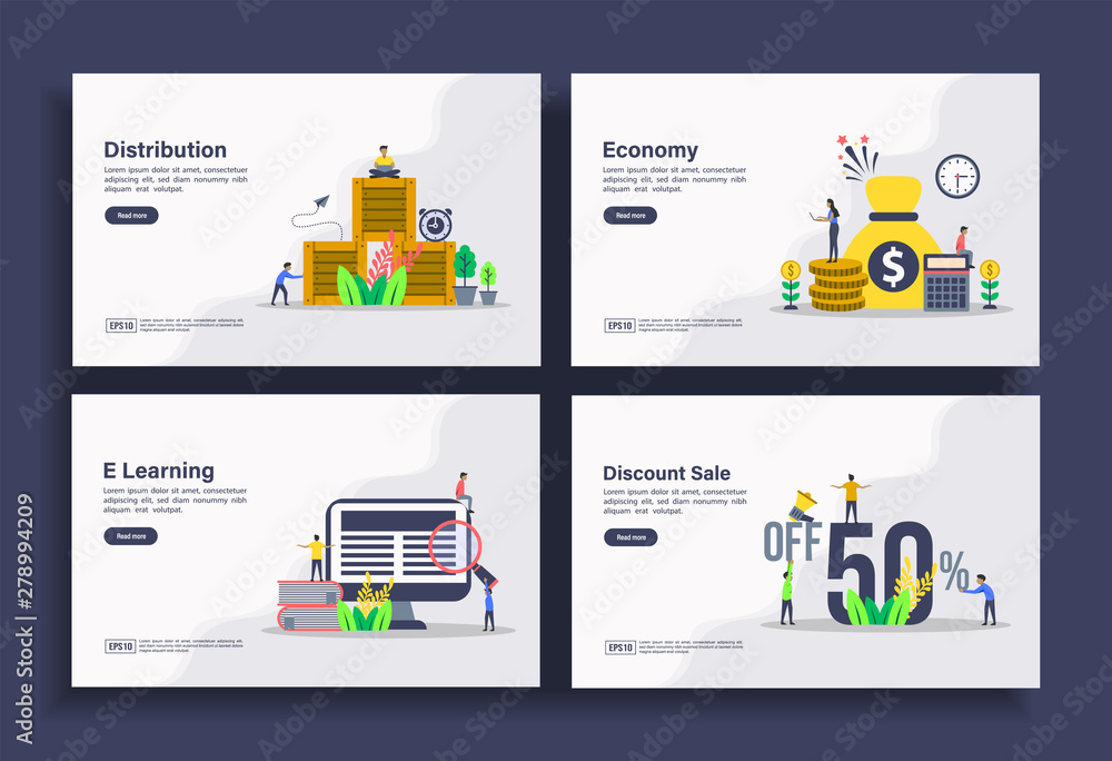 Set of modern flat design templates for Business, distribution, economy, e learning, discount sale. Easy to edit and customize. Modern Vector illustration concepts for business