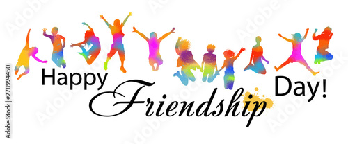 Silhouettes of jumping multicolored friends. Happy Friends Day. Usable as greeting cards, posters, clothing, t-shirt for your friends. Vector illustration