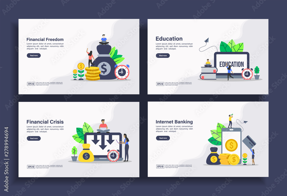Set of modern flat design templates for Business, financial freedom, education, financial crisis, internet banking. Easy to edit and customize. Modern Vector illustration concepts for business