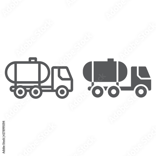Oil tank line and glyph icon, fuel and car, oil transportation sign, vector graphics, a linear pattern on a white background.