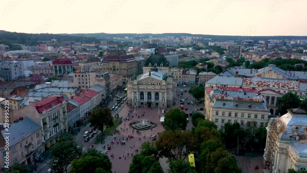 Aerial view of Lviv city center. Drone flies near City Hall. Ukraine, 4K Aerial view of Lviv city center. Drone flies near City Hall. Ukraine, 4K