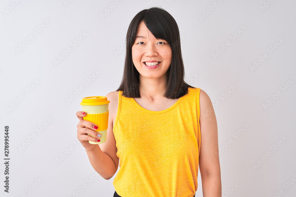 Young beautiful Chinese woman drinking take away coffee over isolated white background with a happy face standing and smiling with a confident smile showing teeth