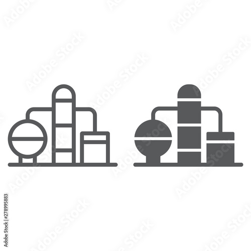 Refinery line and glyph icon, fuel and plant, oil factory sign, vector graphics, a linear pattern on a white background.