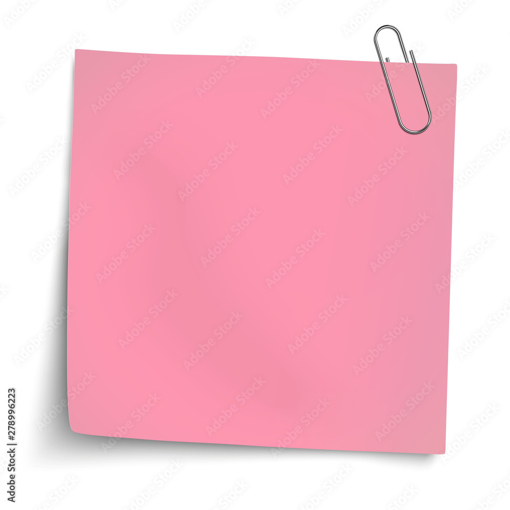 Vector paper mockup of rosy note attached by metallic paper clip to white background Vector paper mockup of rosy note attached by metallic paper clip to white background