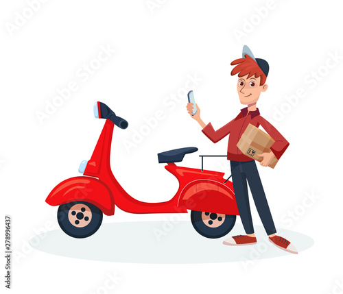 Delivery man holding mobile phone and cardboard parcel box in his hands. Fast Delivery service by courier and scooter concept. Vector cartoon character illustration