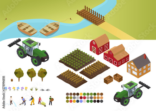 Colorful design elements for Farm and Agriculture with fields of crops, barn, farmhouse, farmers at various tasks, tractors and boats