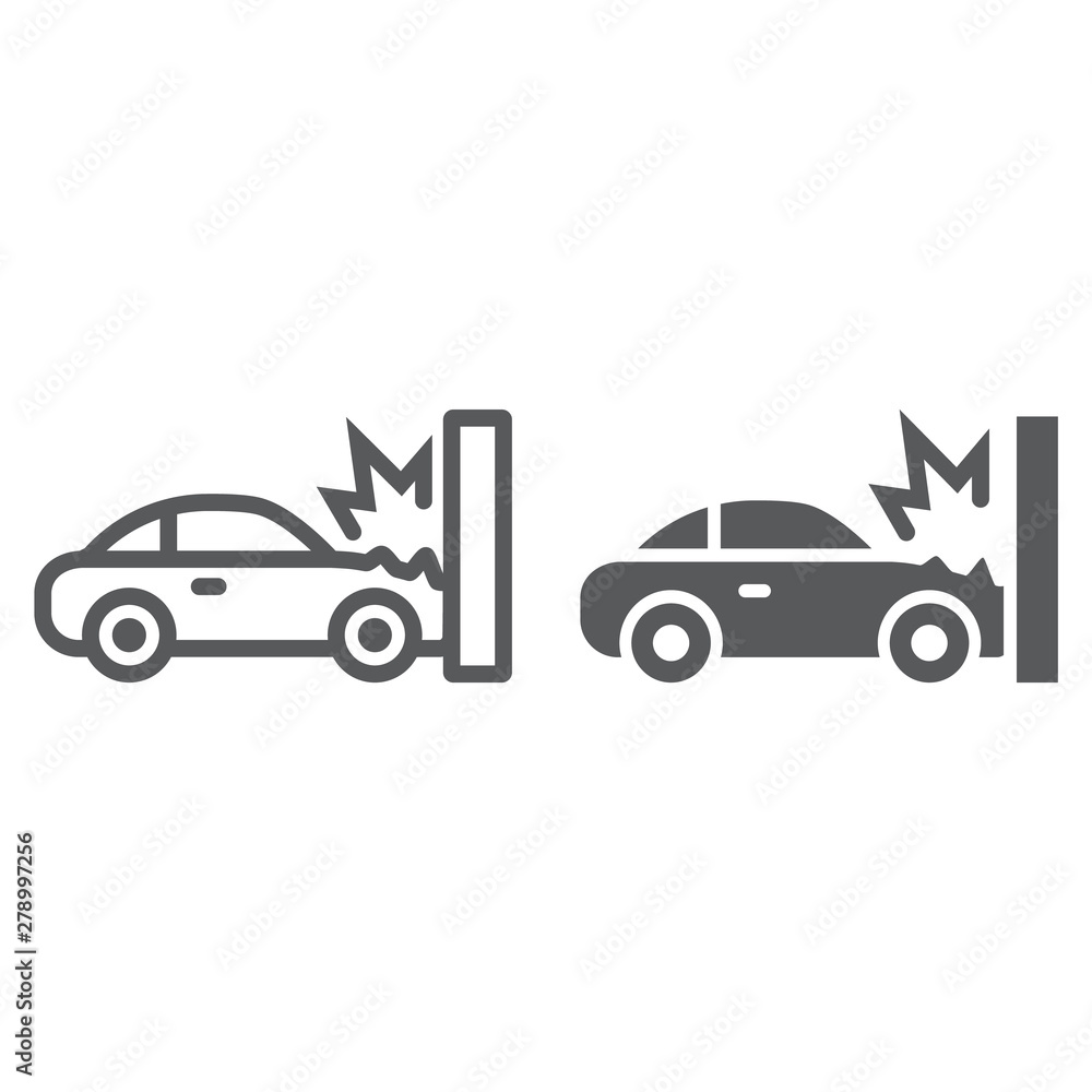 Traffic accident line and glyph icon, disaster and auto, car crash sign, vector graphics, a linear pattern on a white background.