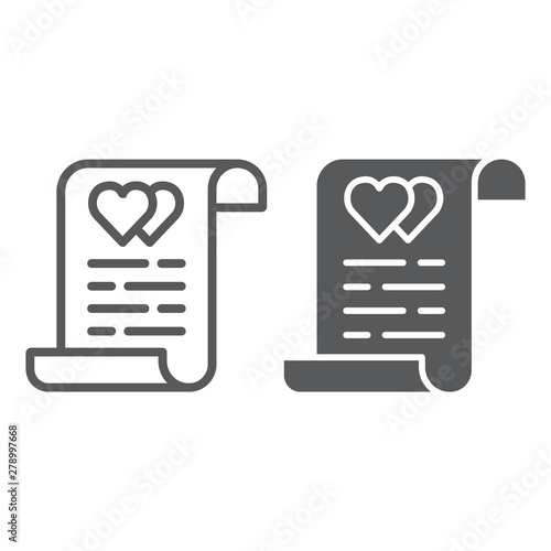 Marriage contract line and glyph icon, document and agreement, marriage insurance sign, vector graphics, a linear pattern on a white background.