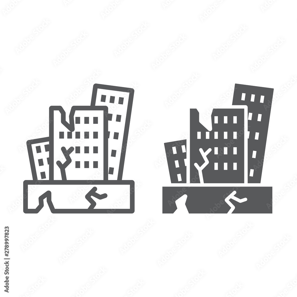 Fototapeta premium Earthquake line and glyph icon, disaster and damage, house crash sign, vector graphics, a linear pattern on a white background.