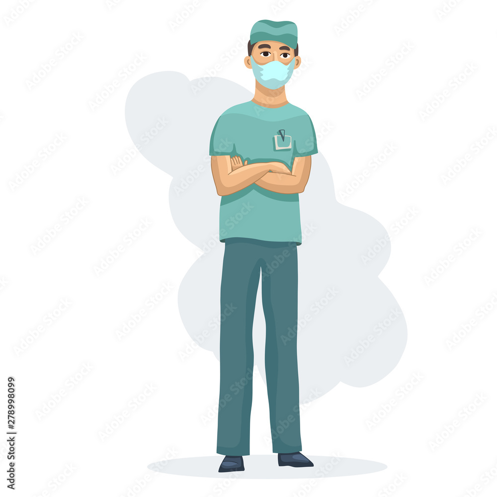 Young healthcare practitioner male nurse character standing cross hands in medical wear uniform. Vector flat illustration colorful isolated on white background