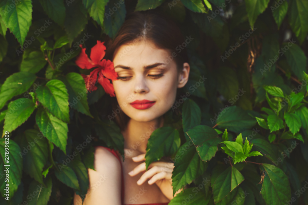 beautiful woman green leaves nature park beautiful woman green leaves nature park