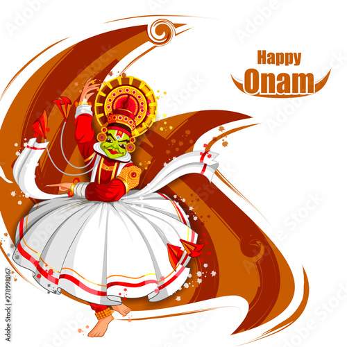 vector illustration of Happy Onam Festival background of Kerala with Kathakali dancer