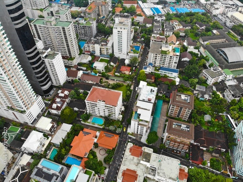 Bangkok Metropolis  aerial view over the biggest city in Thailand. Bangkok skyline from Sukhumvit street. Aerial view of Bangkok skyline and skyscraper. Thailand