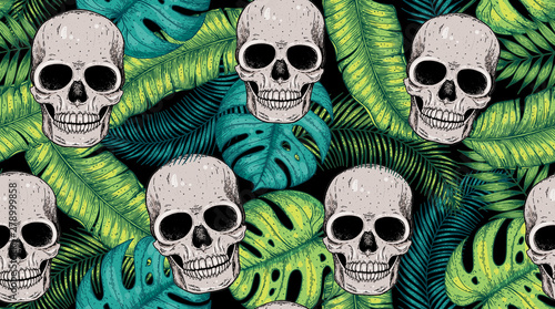Skull and palm leaves seamless pattern. Hand drawn vector illustration. Fabric design template. Skull background. Tropical vector illustration.