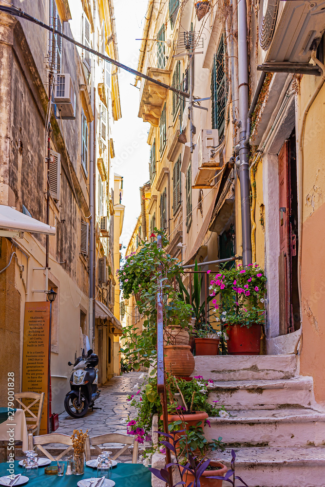 The narrow colorful and tourist streets or Corfu Town, Corfu, Greece