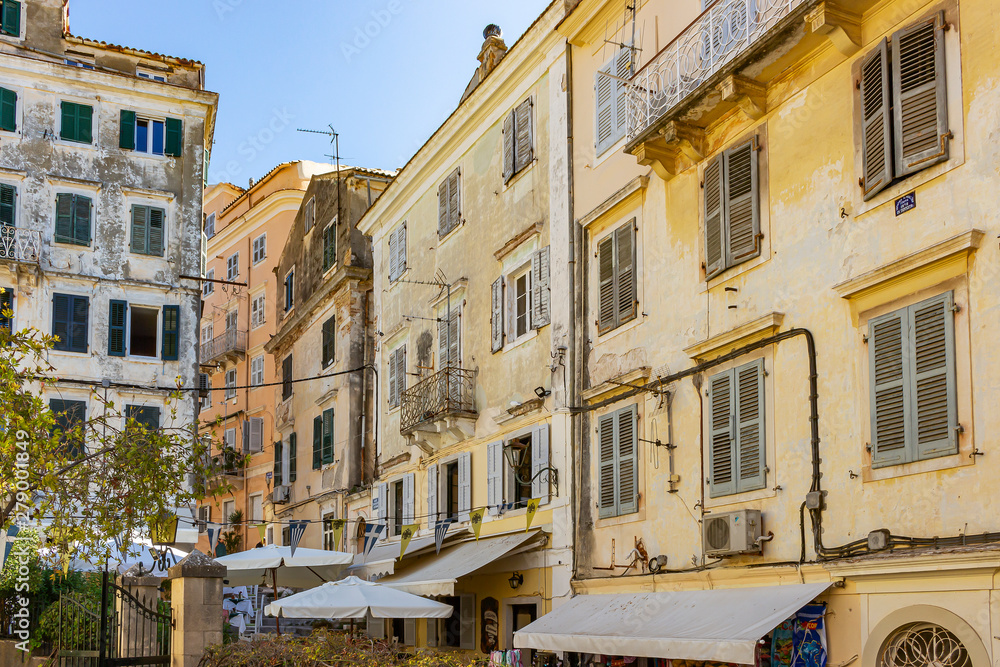 The colourful houses in the streets of Corfu Town, Corfu, Greece
